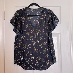 Ann Taylor Dark Floral V Neck Flutter Sleeve Blouse